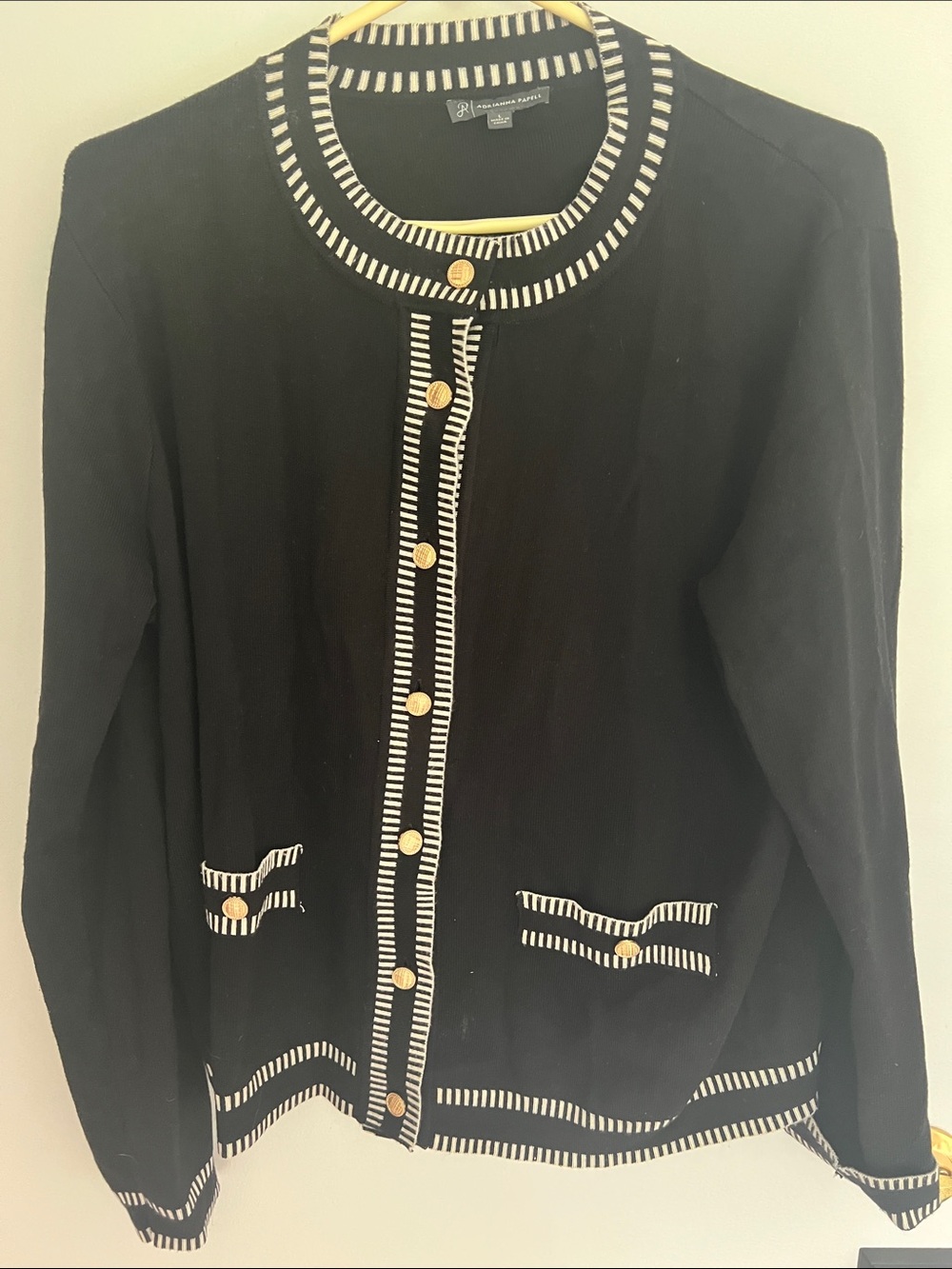 St. John Black Cardigan with White Trim and Gold Buttons